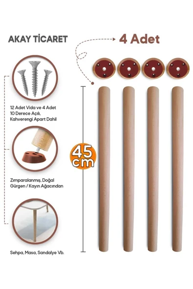 AKAY TİCARET Sehpa Ayağı Ahşap Konik Ayak 4 Adet 45 Cm