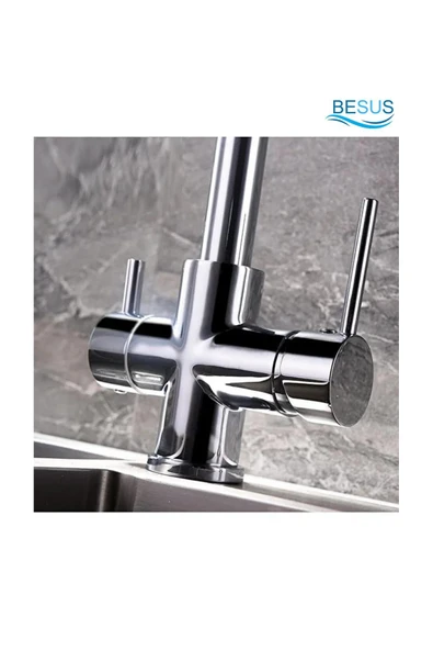 Krom Arıtmalı Mutfak Eviye Bataryası 3 Yollu L Boru Lüx Su Tasaruflu Musluk Garantili - Resim 6