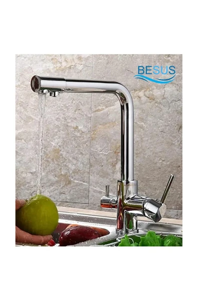 Krom Arıtmalı Mutfak Eviye Bataryası 3 Yollu L Boru Lüx Su Tasaruflu Musluk Garantili - Resim 3