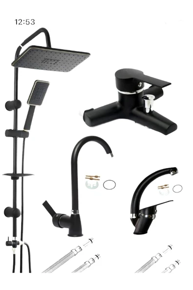 Siyah Robot Tepe Yağmurlama Banyo-mutfak-lavabo Bataryası Musluğu Çeşmesi 4’lü Set ürün görseli 1