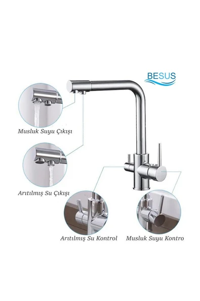 Krom Arıtmalı Mutfak Eviye Bataryası 3 Yollu L Boru Lüx Su Tasaruflu Musluk Garantili - Resim 5