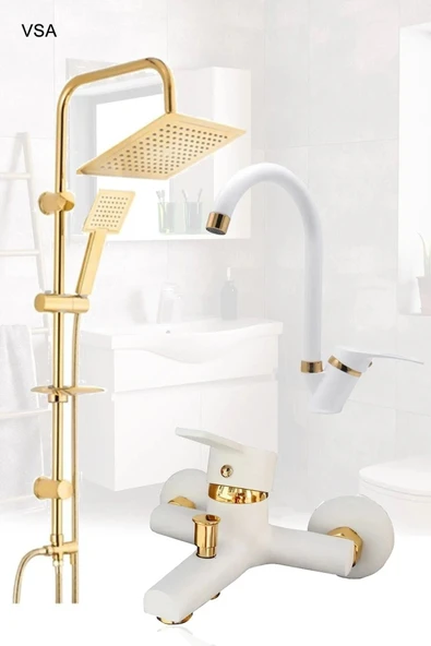 BEYAZ GOLD ROBOT DUŞ SETİ LAVABO BANYO BATARYASI 3'LÜ SET TAKIM ürün görseli 1