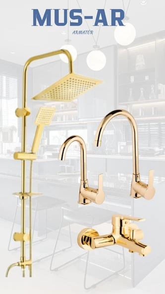 Gold Altın Kare Robot Duş Seti, Banyo, Mutfak Eviye Ve Lavabo Bataryası Musluğu 4'lü Set