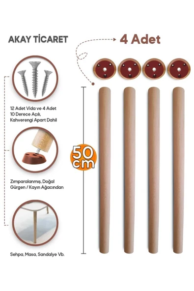 AKAY TİCARET Sehpa Ayağı Ahşap Konik Ayak 4 Adet 50 Cm ürün görseli