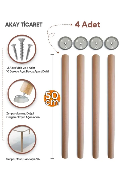 AKAY TİCARET Sehpa Ayağı Ahşap Konik Ayak 4 Adet 50 Cm Beyaz Aparat