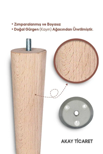 AKAY TİCARET Sehpa Ayağı Ahşap Konik Ayak 4 Adet 50 Cm Beyaz Aparat - 3