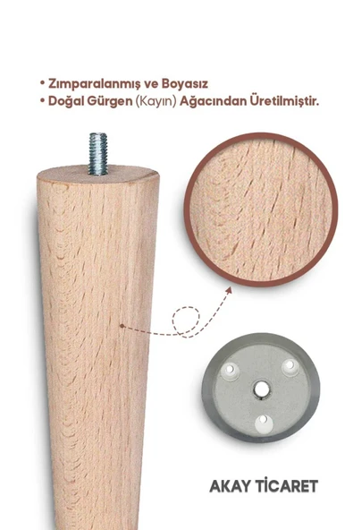 AKAY TİCARET Sehpa Ayağı Ahşap Konik Ayak 4 Adet 40 Cm Beyaz Aparat - Resim 3