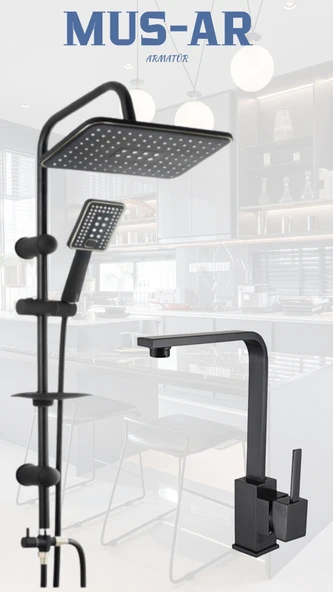 Siyah Duş Robotu ve Kare Eviye Bataryası ürün görseli