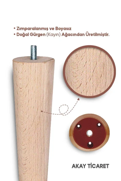 AKAY TİCARET Sehpa Ayağı Ahşap Konik Ayak 4 Adet 45 Cm - 3