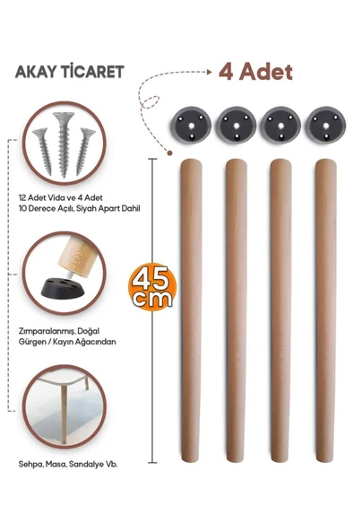 AKAY TİCARET Sehpa Ayağı Ahşap Konik Ayak 45 Cm Siyah Aparat ürün görseli