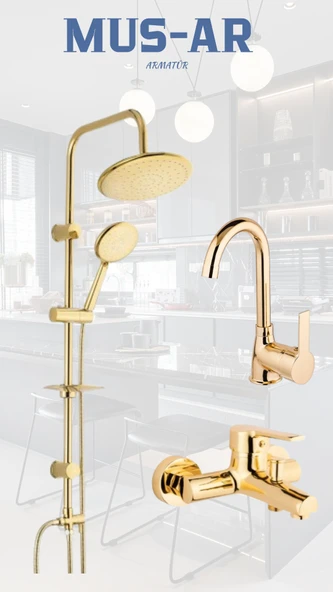 Gold Kare Banyo Seti - Duş Robotu, Banyo Bataryası, Lavabo Bataryası