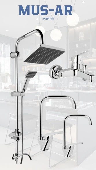 Krom Robot Duş Sistemi-Banyo-Lavabo-Mutfak Musluğu 4'lü Set