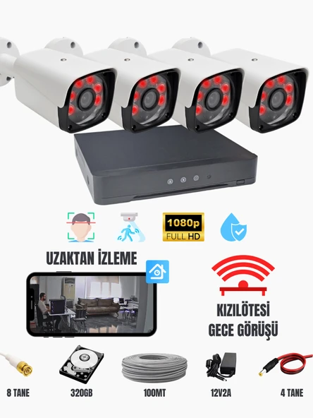 ExitCam 4'lü AHD Kamera Seti 1080p FullHD Gece Renkli IP67 + 4CH DVR + 100m Kablo + HDD
