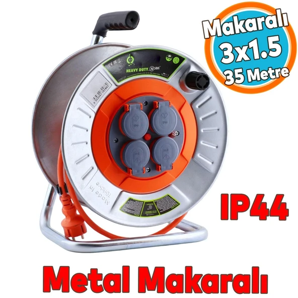 Metal Makaralı Seyyar Kablo Kapaklı 4 Prizli Uzatma Kablosu 3x1.5 mm CCA Kablo 35 Metre