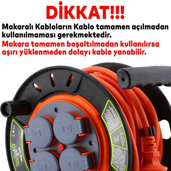Küçük Makaralı Seyyar CCA 20 Metre Kablo Kapaklı 4 Prizli Plastik Uzatma Kablosu 3x2.5 mm TTR Kablo - 2