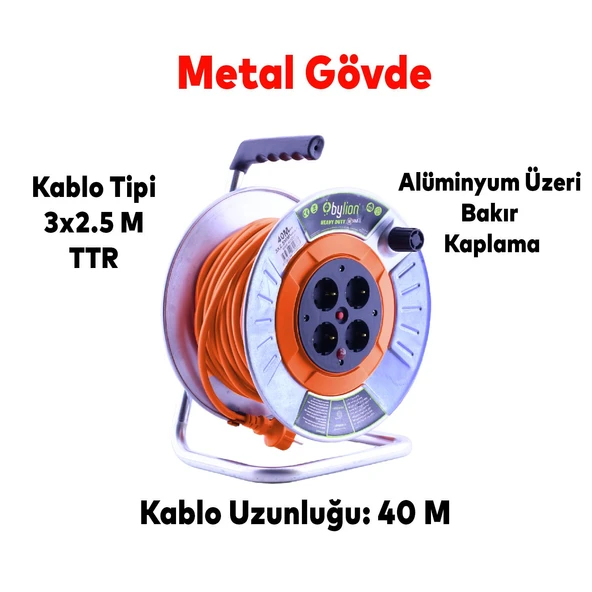 Metal Makaralı Seyyar 4 Prizli IP20 Uzatma Kablosu 3x2.5 mm CCA Kablo 40 Metre Termal Sigorta - 2