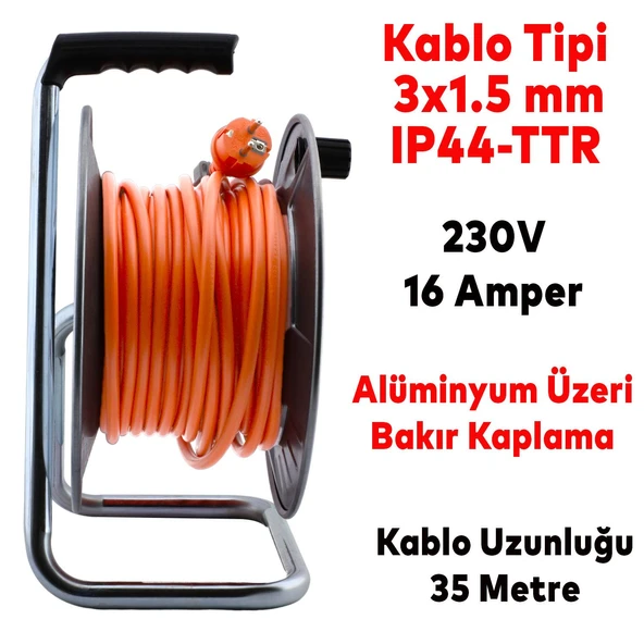 Metal Makaralı Seyyar Kablo Kapaklı 4 Prizli Uzatma Kablosu 3x1.5 mm CCA Kablo 35 Metre - 2