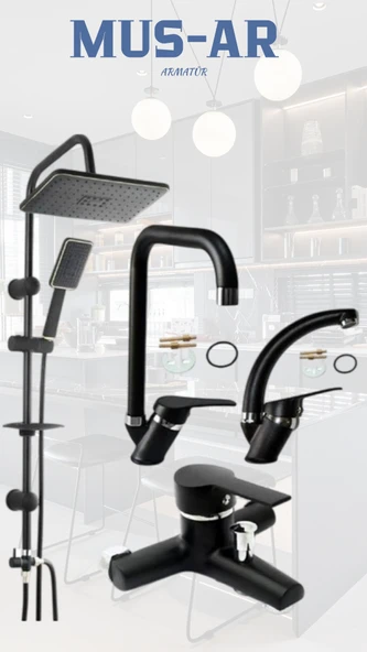 Siyah Robot Tepe Yağmurlama Banyo-Mutfak-Lavabo Bataryası 4'lü Set ürün görseli 1