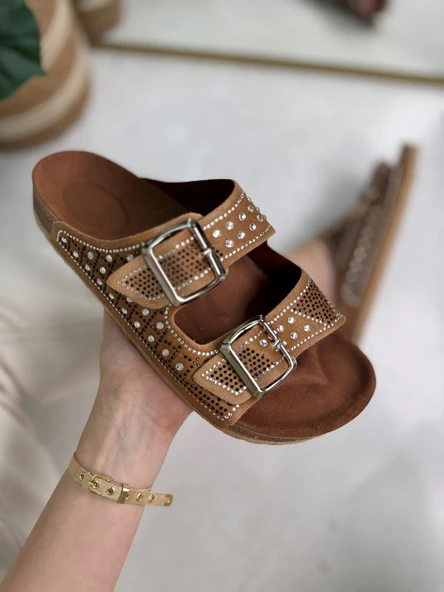 Günlük Kadın Terlik Çift Tokalı Boncuk Detaylı Yumuşak Rahat Ortopedik Mantar Taban Ayakkabı 114