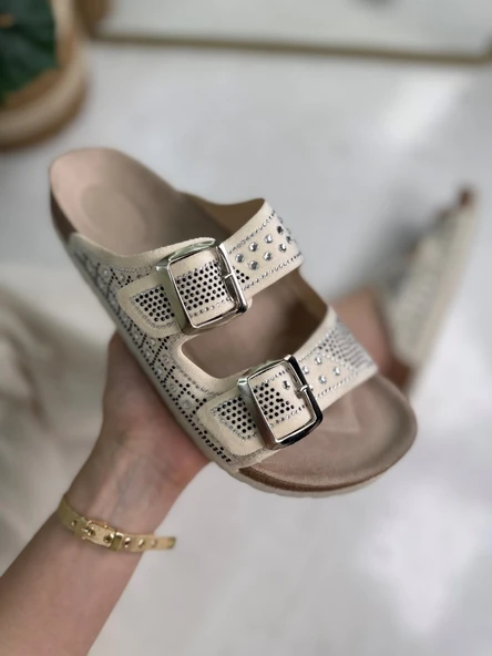 Günlük Kadın Terlik Çift Tokalı Boncuk Detaylı Yumuşak Rahat Ortopedik Mantar Taban Ayakkabı 114 - 2