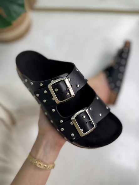 Günlük Kadın Terlik Çift Tokalı Metal Detaylı Yumuşak Rahat Ortopedik Mantar Taban Ayakkabı 118 - 3