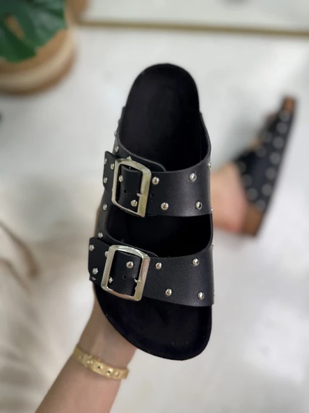 Günlük Kadın Terlik Çift Tokalı Metal Detaylı Yumuşak Rahat Ortopedik Mantar Taban Ayakkabı 118 - 4