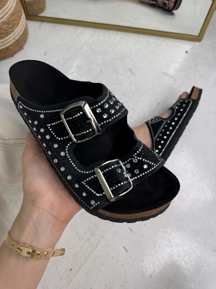 Günlük Kadın Terlik Çift Tokalı Boncuk Detaylı Yumuşak Rahat Ortopedik Mantar Taban Ayakkabı 114 - 3