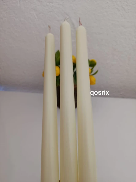 qosrix 3'lü Açık Krem Şamdan Soya Mumu 1. Kalite Soya Doğal Pudra Kokulu Uzun Çubuk Konik Mum Dekoratif - Resim 4