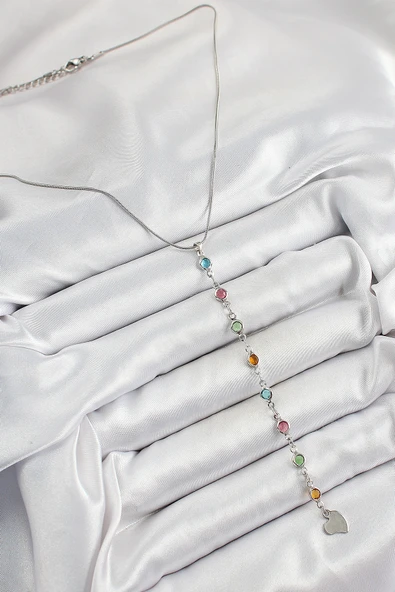 Pirinç Gümüş Renk Karışık Renk Zirkon Taşlı Y Kadın Kolye - EBJ250628W35883 - Resim 2