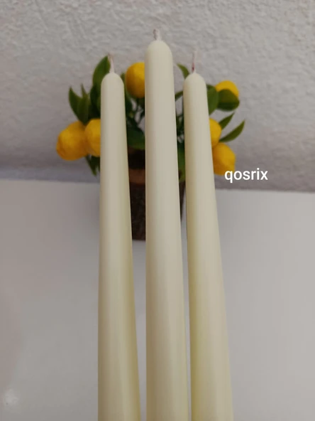 qosrix 3'lü Açık Krem Şamdan Soya Mumu 1. Kalite Soya Doğal Pudra Kokulu Uzun Çubuk Konik Mum Dekoratif - Resim 3