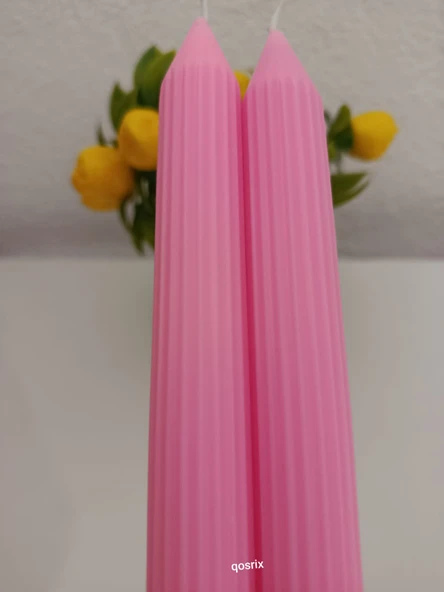 qosrix 2'li Pudra Pembe Şamdan Mumu 1. Kalite Soya Doğal Pudra Kokulu Uzun Çubuk Konik Mum Dekoratif - 2