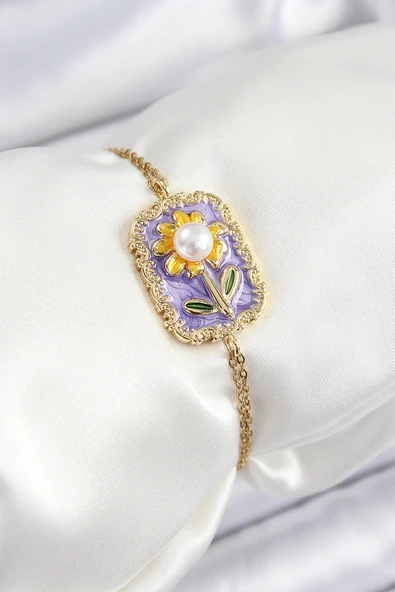 Zincir Mor Mineli Sanatsal Portre İnci Detaylı Papatya Model Gold Renk Kadın Bileklik - EBJ250628W35831 ürün görseli