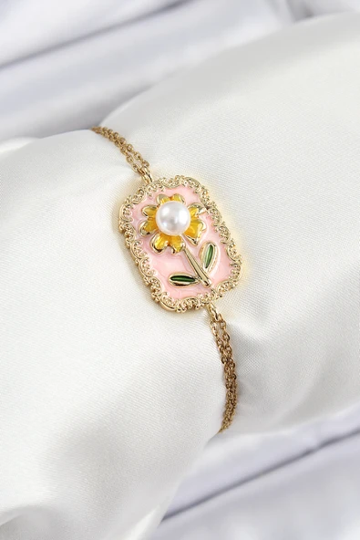 Zincir Pembe Mineli Sanatsal Portre İnci Detaylı Papatya Model Gold Renk Kadın Bileklik - EBJ250628W35832 ürün görseli