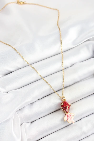 Zincir Kırmızı Balık Model Gold Renk Kadın Kolye - EBJ250628W35869 - Resim 2