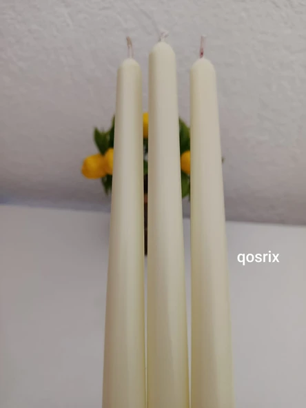 qosrix 3'lü Açık Krem Şamdan Soya Mumu 1. Kalite Soya Doğal Pudra Kokulu Uzun Çubuk Konik Mum Dekoratif - Resim 2