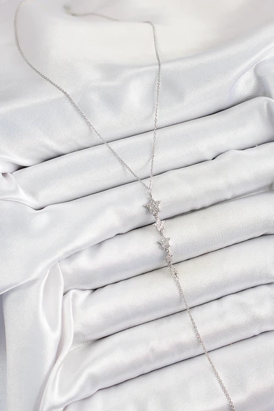 Pirinç Zirkon Taşlı Sıralı Yıldız Figürlü Y Model Gümüş Renk Kadın Kolye - EBJ250628W35857 - Resim 2