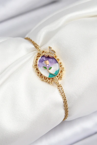 Zincir Mineli Sanatsal Portre Zirkon Taşlı Kelebek Detaylı Çiçek Model Gold Renk Kadın Bileklik - EBJ250628W35824 ürün görseli