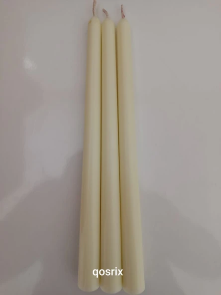 qosrix 3'lü Açık Krem Şamdan Soya Mumu 1. Kalite Soya Doğal Pudra Kokulu Uzun Çubuk Konik Mum Dekoratif - Resim 5