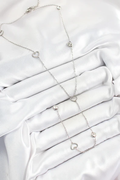 Zirkon Taşlı Kalp Figürlü Y Model Gümüş Renk Kadın Kolye - EBJ250628W35878 - Resim 2