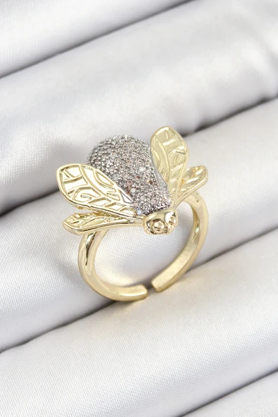 Pirinç Zirkon Taşlı Arı Model Gümüş Ve Gold Renk Kadın Yüzük - EBJ250628W35848 ürün görseli