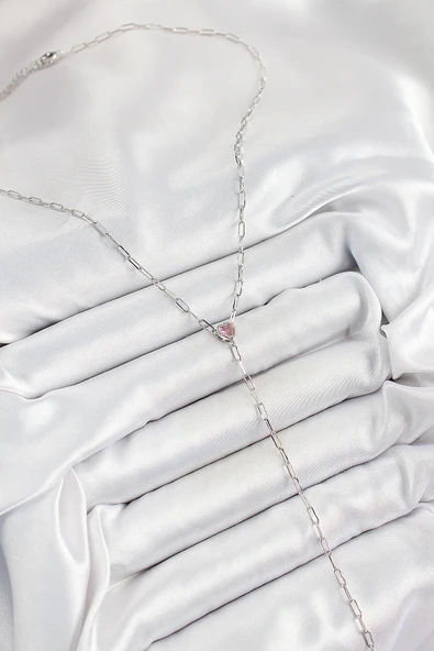 Pirinç Zirkon Taşlı Pembe Kalp Figürlü Y Model Gümüş Renk Kadın Kolye - EBJ250628W35863 - Resim 2