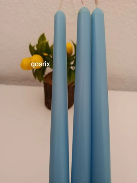 qosrix 3'lü Açık Mavi Şamdan Soya Mumu 1. Kalite Soya Doğal Pudra Kokulu Uzun Çubuk Konik Mum Dekoratif - Resim 4