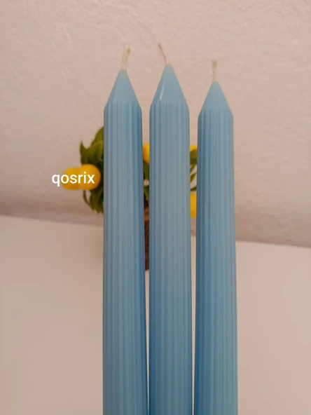 qosrix 3'lü Açık Mavi Şamdan Soya Mumu 1. Kalite Soya Doğal Pudra Kokulu Uzun Çubuk Konik Mum Dekoratif - Resim 2