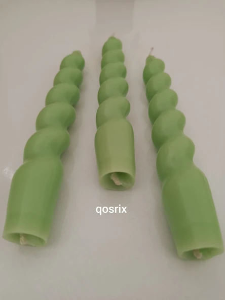 qosrix 3'lü Açık Yeşil Italyan Burgulu Şamdan Soya Mumu Doğal Kokulu Uzun Çubuk Konik Burgu Spiral Mum Dekoratif - 3