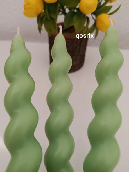 qosrix 3'lü Açık Yeşil Italyan Burgulu Şamdan Soya Mumu Doğal Kokulu Uzun Çubuk Konik Burgu Spiral Mum Dekoratif