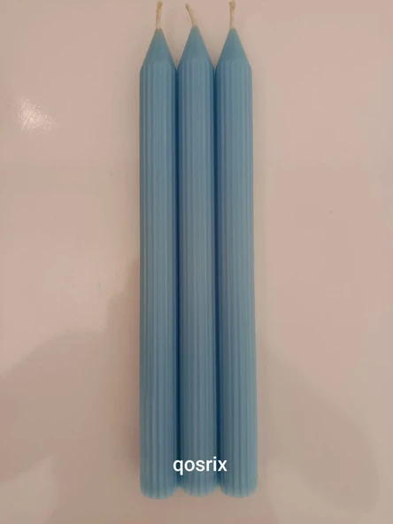 qosrix 3'lü Açık Mavi Şamdan Soya Mumu 1. Kalite Soya Doğal Pudra Kokulu Uzun Çubuk Konik Mum Dekoratif - Resim 3