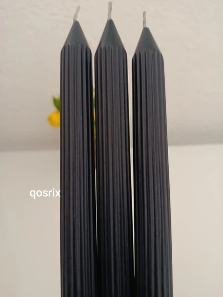 qosrix 3'lü Antrasit Gri Şamdan Soya Mumu 1. Kalite Doğal Vanilya Kokulu Uzun Çubuk Konik Mum Dekoratif