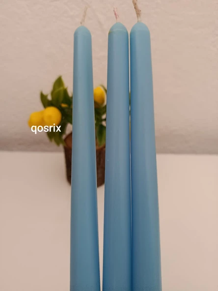 qosrix 3'lü Açık Mavi Şamdan Soya Mumu 1. Kalite Soya Doğal Pudra Kokulu Uzun Çubuk Konik Mum Dekoratif - Resim 3