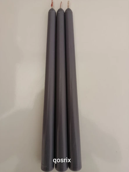 qosrix 3'lü Gri Şamdan Soya Mumu 1. Kalite Doğal Vanilya Kokulu Uzun Çubuk Konik Mum Dekoratif - 3