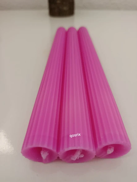 qosrix 3'lü Açık Pembe Şamdan Soya Mumu 1. Kalite Doğal Pudra Kokulu Uzun Çubuk Konik Mum Dekoratif - 3